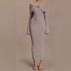 Meshki Baxter Off Shoulder Fluffy Knit Midi Dress in Taupe Marie